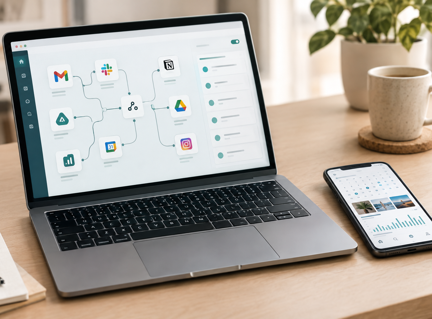 Assistante digitale proposant des services de gestion digitale et d'automatisation d'outils connectés (réseaux sociaux, agenda, workflows) pour optimiser votre présence en ligne